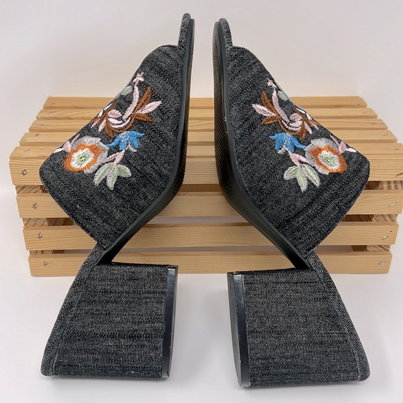 Hype Embroidered Open Toe Block Heel Denim Slip-on Mules Sz. 9 - Picture 8 of 13